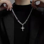4pcs Personality Trendy Black Zircons Awn Star Cross Pendant Cuban Chain Necklace for Men Friends Hip-hop Punk Jewelry Sets Gift