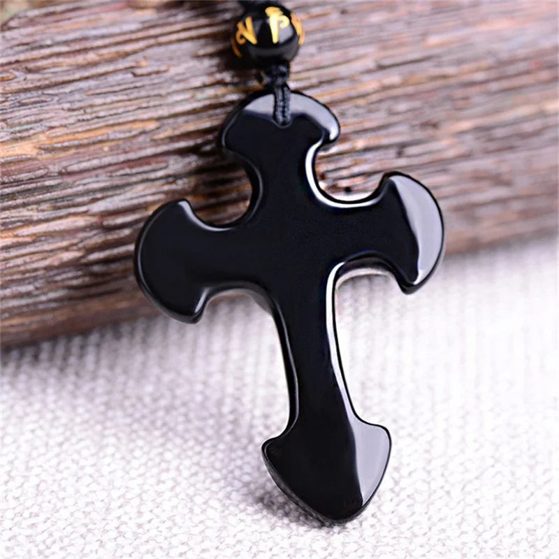 Drop Shipping Natural Black Obsidian Carved Cross Lucky Pendant + Beads Necklace for Woman Man Crystal Jade Charm Gift Jewelry