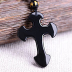 Drop Shipping Natural Black Obsidian Carved Cross Lucky Pendant + Beads Necklace for Woman Man Crystal Jade Charm Gift Jewelry