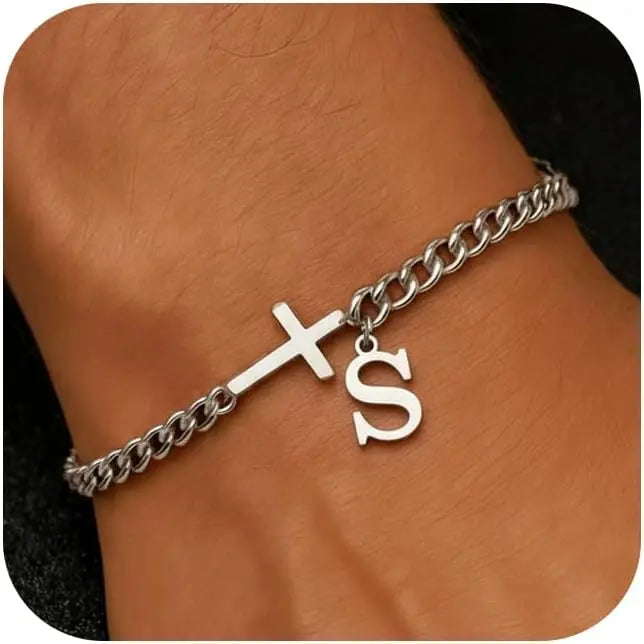 Men Cross Cuban Chain Bracelets for Men Initial A-Z Faith Cross Bracelets, Stainless Steel Initial Bracelet Religious