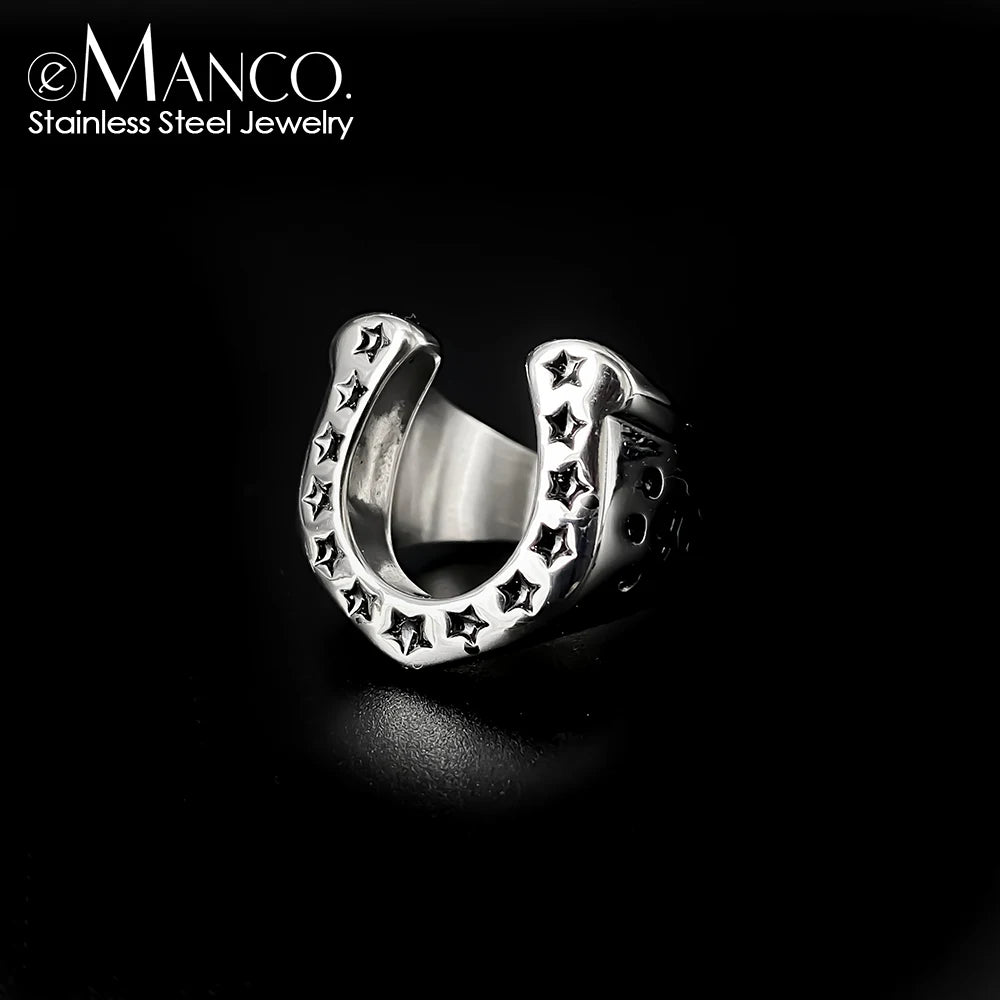 EManco Horseshoe U-shaped Star Retro Stainless Steel Men's Rings Punk Hip Hop for Male Boyfriend Biker Jewelry Creativity Gift