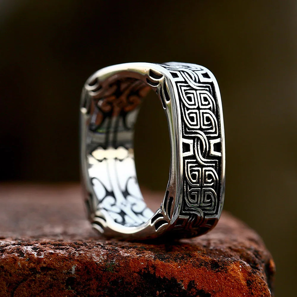 Viking Steel Ring Vintage Square Embossed Pattern