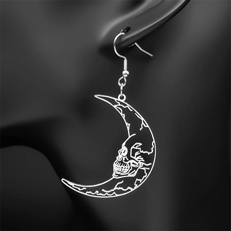 Gothic Skull Steel Earrings Crescent Moon Skeleton
