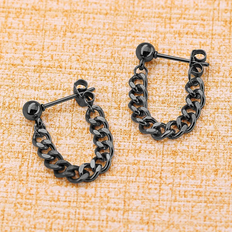Black Steel Chain Stud Earrings Minimal