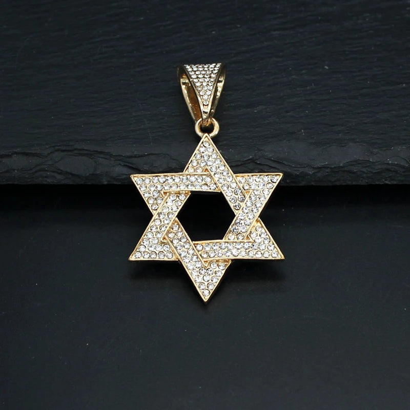 Fashion Star of David Pendant Necklace Women Men Hip Hop Tennis Cuban Chain Necklaces Classic Six-pointed Star Jewish