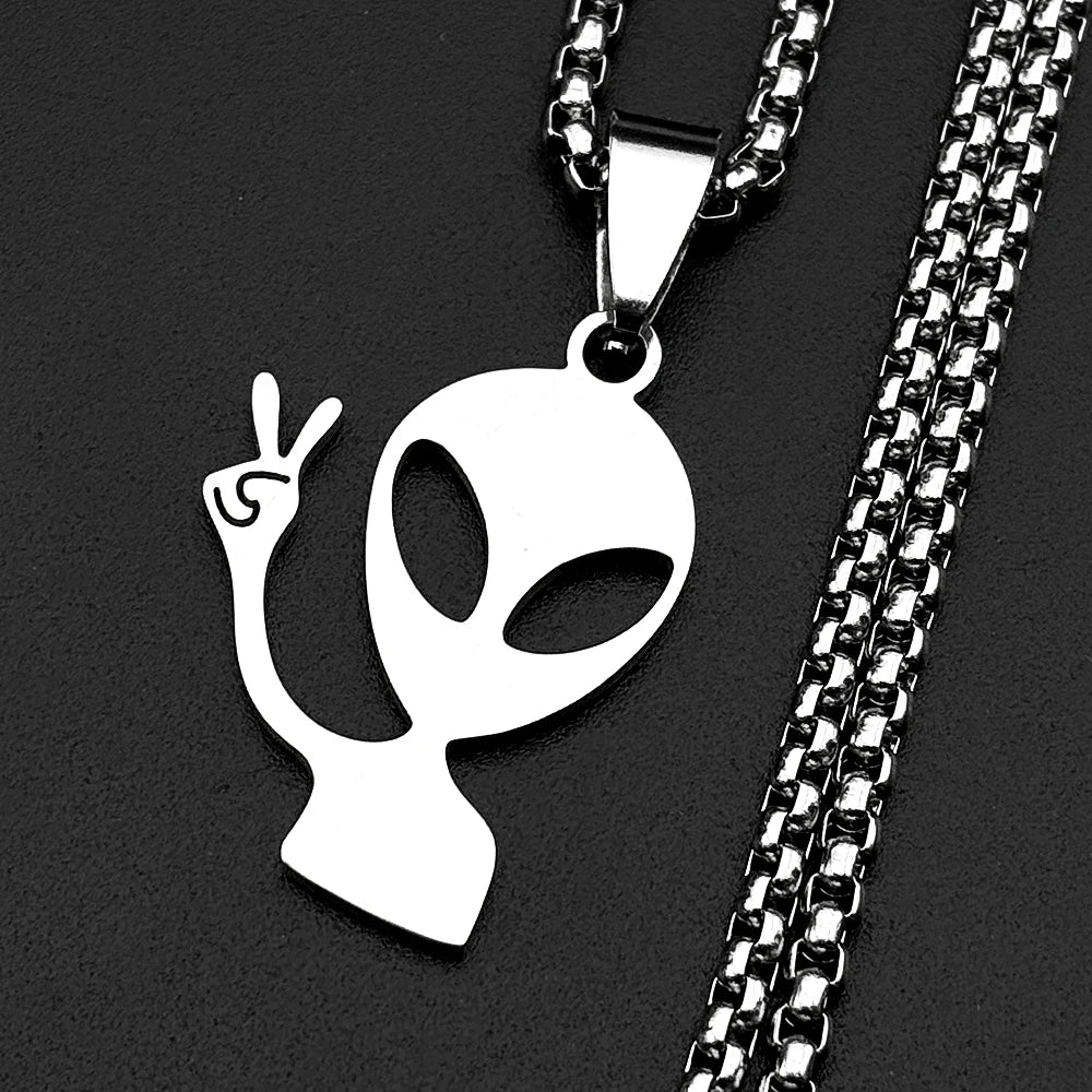 Funny Alien Yeah Pendant Necklace For Women Men Stainless Steel Silver Color Goth Streetwear Rapper Jewelry Chain