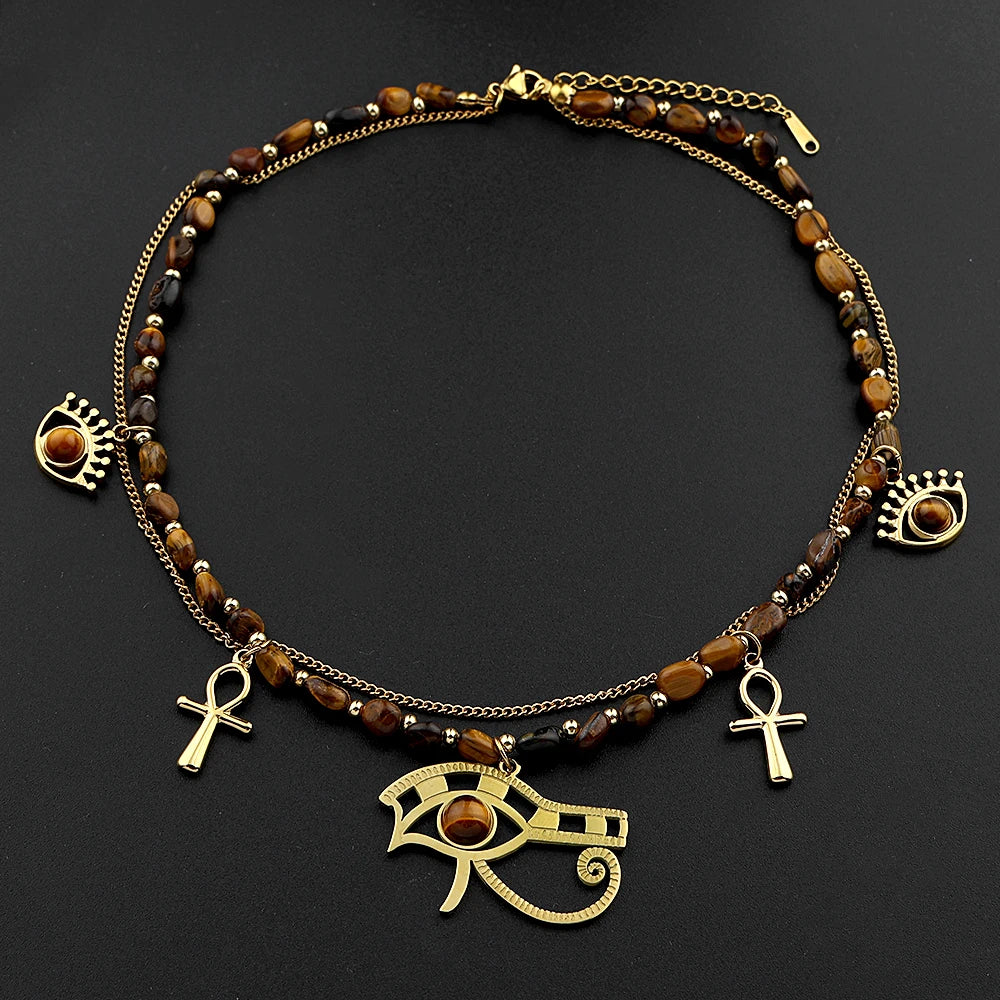 Boho Irregular Tiger Eye Stone Ankh Cross Eye of Horus Evil Eye Stainless Steel Double-layer Choker Necklace Gold Color