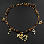 Boho Irregular Tiger Eye Stone Ankh Cross Eye of Horus Evil Eye Stainless Steel Double-layer Choker Necklace Gold Color