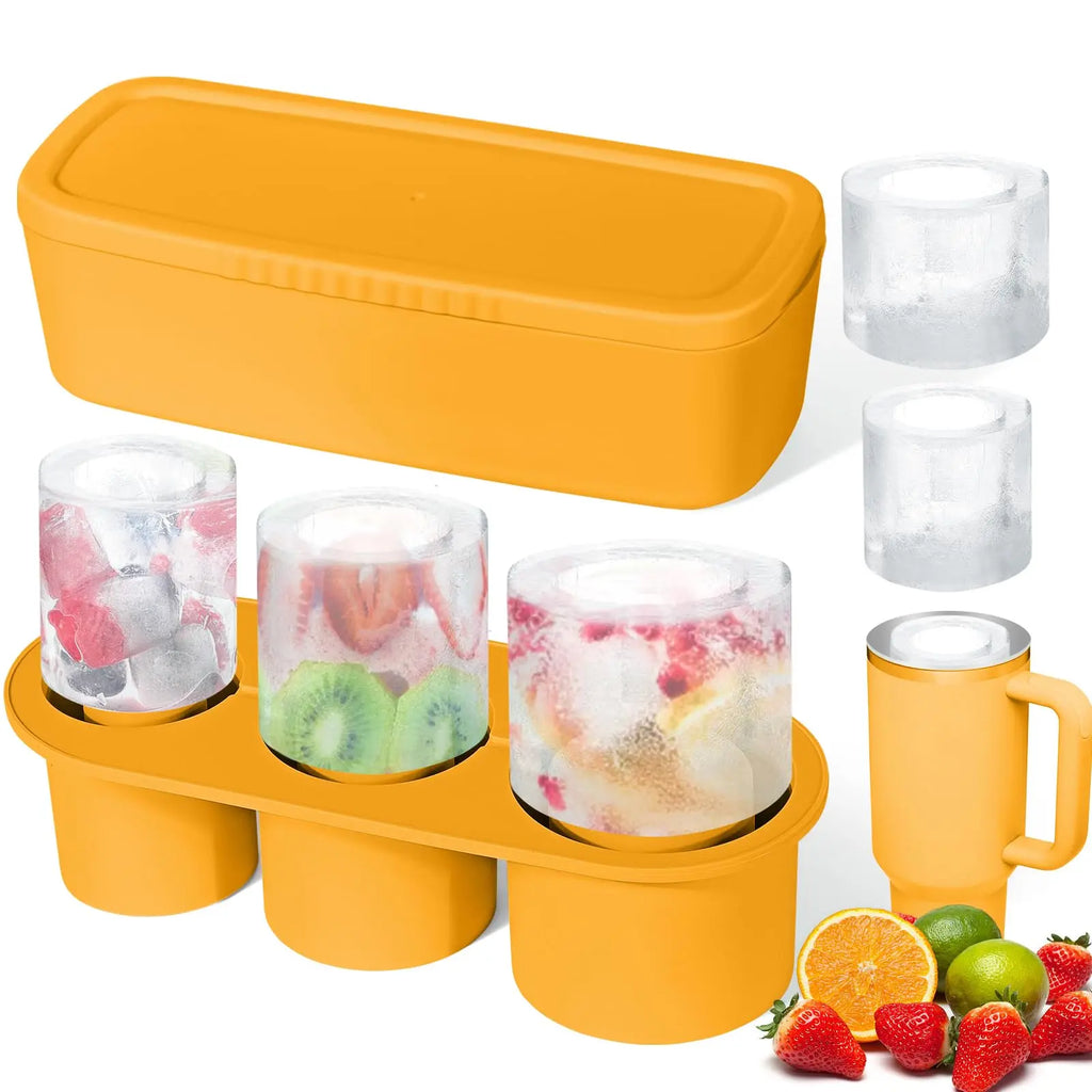 Silicone Ice Cube Maker Tray For Stanley Cup with Lid and Bin for Freezer, 3 Hollow Large Cylinder Ice Cube Mold for
