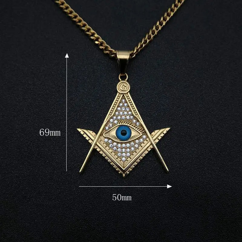 Hip Hop Rock Bling Gold Color Stainless Steel Illuminati Eye Freemason Masonic AG Pendants Necklaces for Men Jewelry