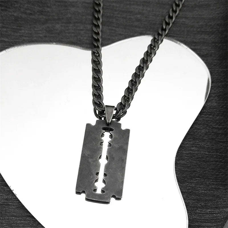 Razor Blade Long Necklace — Black Stainless