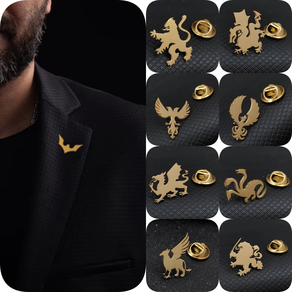 Stylish and simple animal badge, gold-plated stainless steel lion collar pin, phoenix men's collar pin, pterosaur brooch