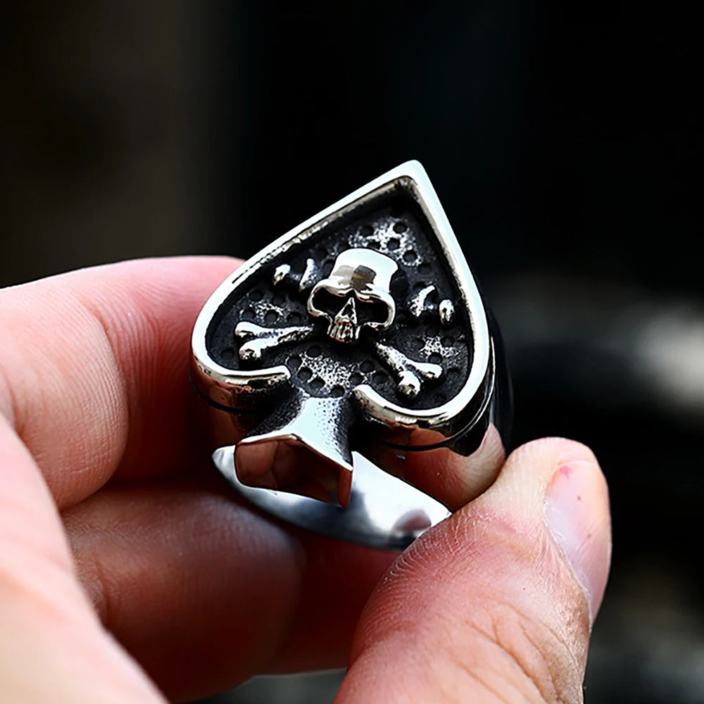 Gothic Poker Card Spades Skull Ring — 316L Stainless Steel