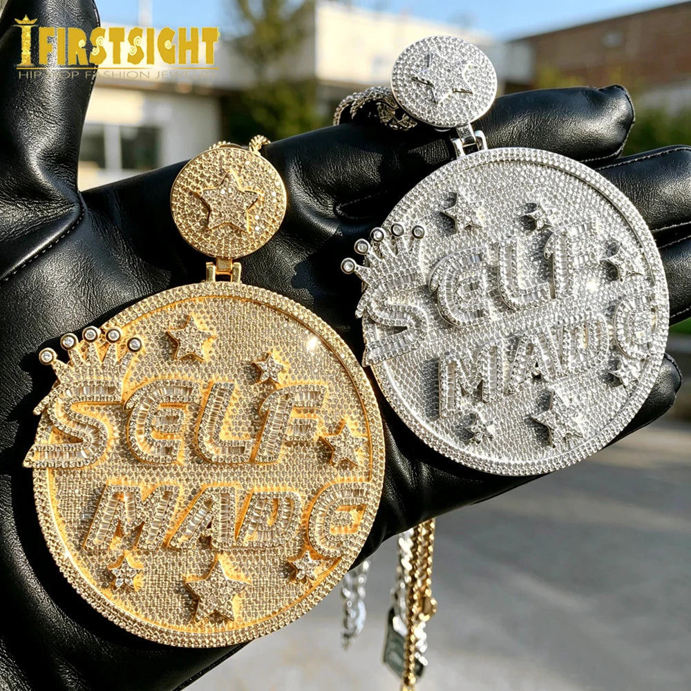 Iced Out Self Made Pendant Necklace Big Silver Color Cubic Zirconia CZ Heavy Chunky Letter Round Star Charm Hip Hop