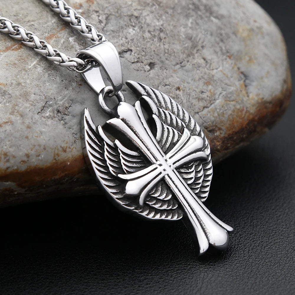 Cross Steel Pendant Vintage Punk Angel Wings Memorial