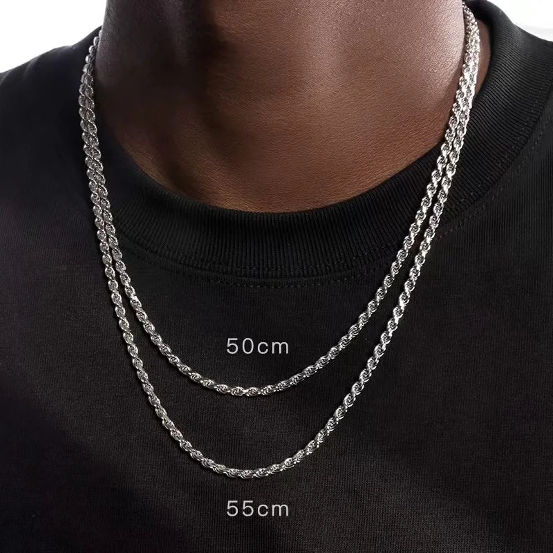Silver Color 3mm Stainless Steel Necklace Men Twist Chain Basic Chain Hip Hop Jewelry Trend Accessories