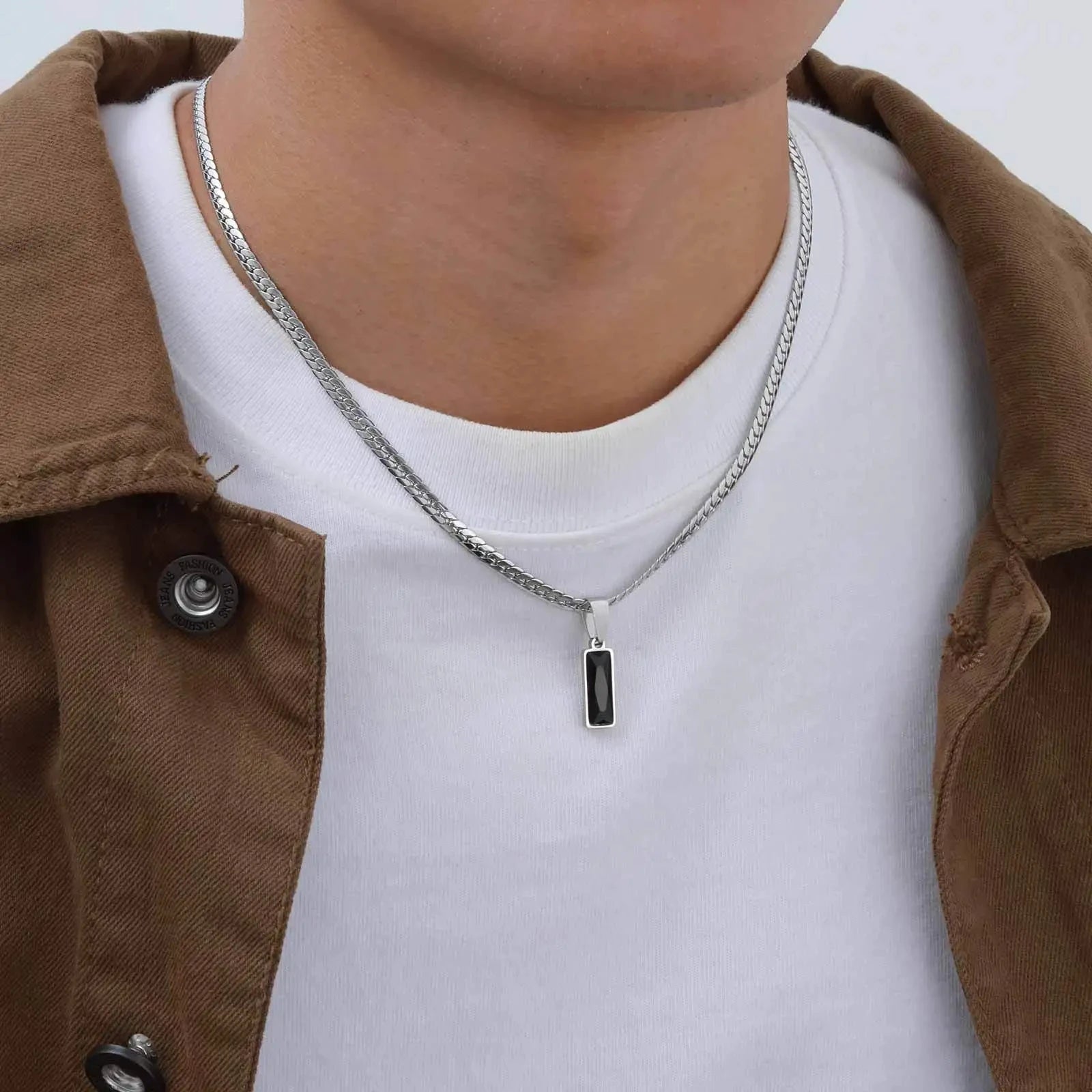 Stylish Black Square Stone Necklaces for Men Women,Waterproof Stainless Steel Flat Cuban Chain Collars,Hip Hop Jewelry Gifts