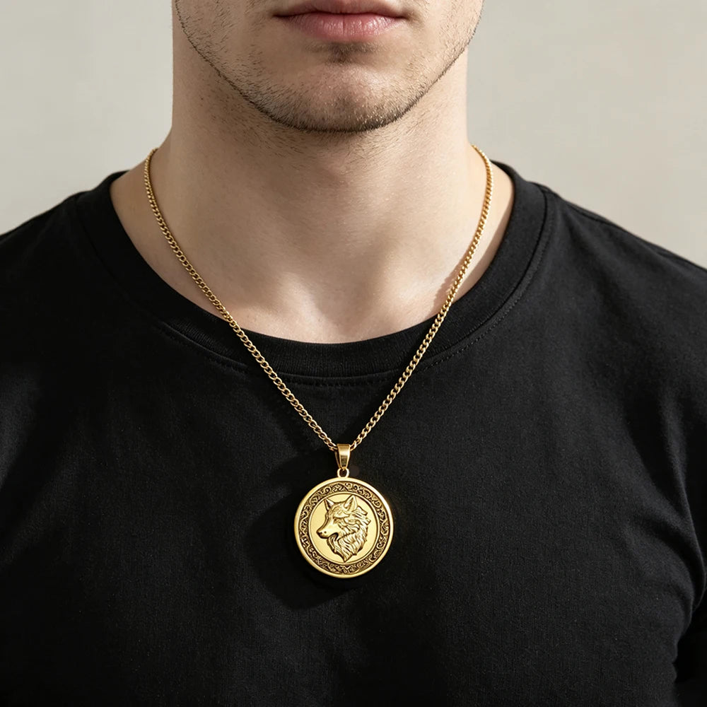 Vintage Wolf Head Necklace Brass 3D Embossed Wolf Coin Pendant Stainless Steel Chain Norse Animal Totem Jewelry Gift