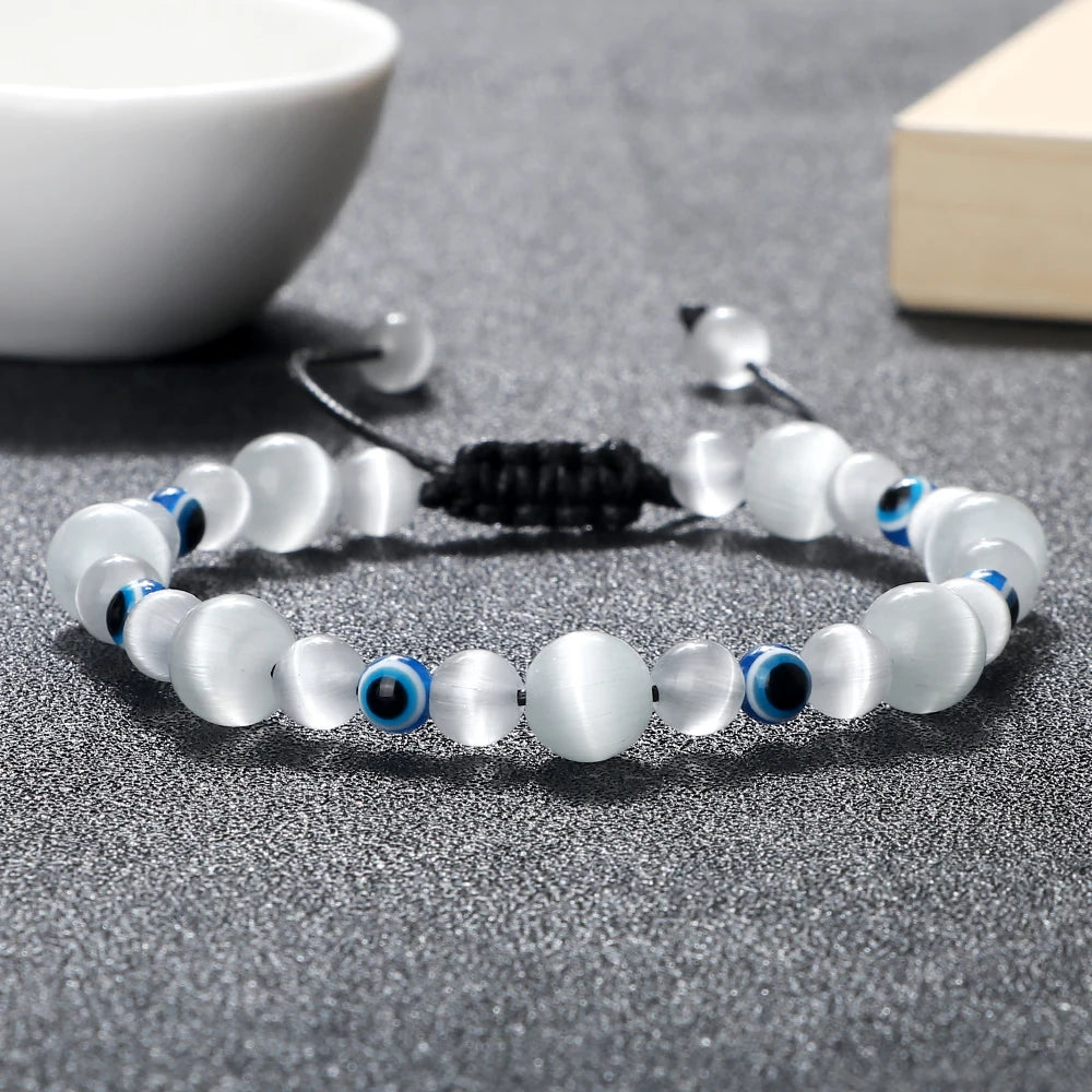 6 8mm Natural Stone Beads Bracelet for Women Men Blue Turkish Evil Eye Braided Chain Bangle Lucky Couple Jewelry Gift