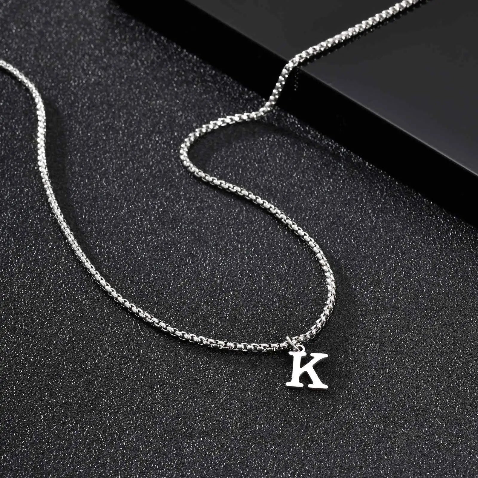Initial Letter Box Chain Necklace — Stainless Steel
