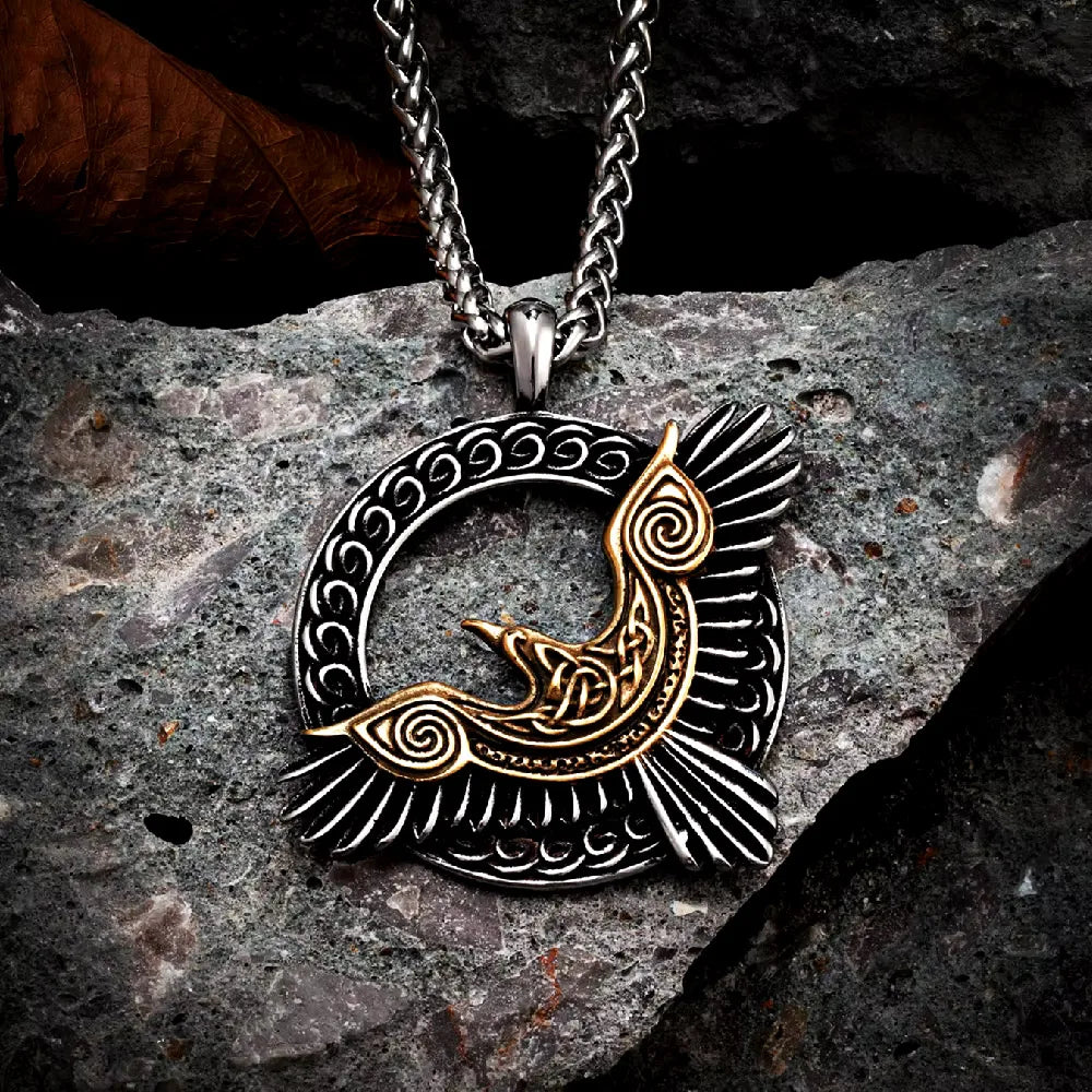 Vintage Viking Raven Pendant Necklace Nordic Circular Hollow Amulet For Men Women Daily Punk Casual Fashion Jewelry Accessories