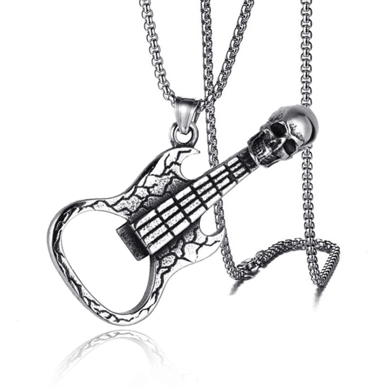 Silver Vintage Skull Guitar Pendant Necklace