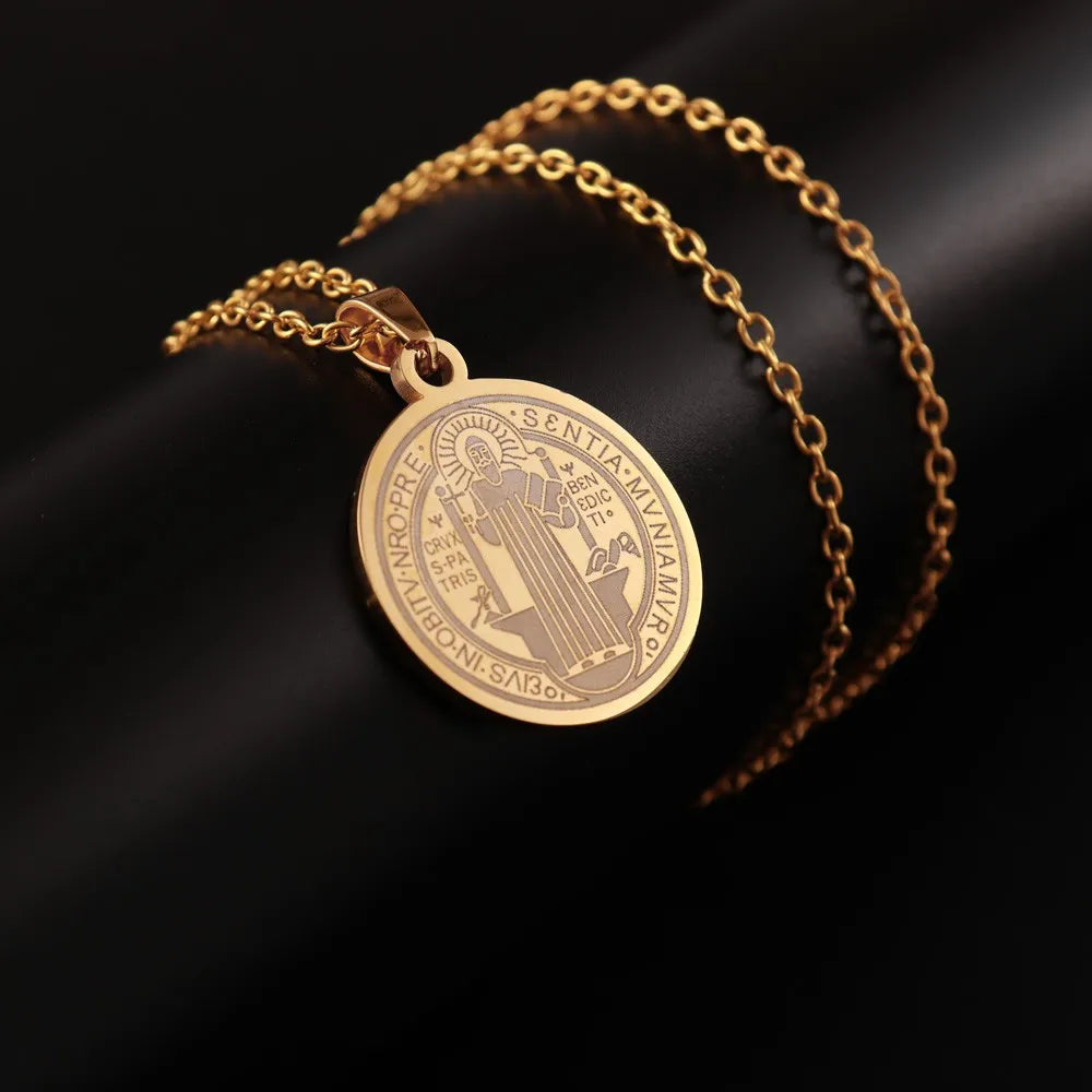 Vintage Coin Catholic Priest Saint Benedict Exorcism Pendant Necklace Jesus Round Pendant Chain for Men's Jewelry 2026
