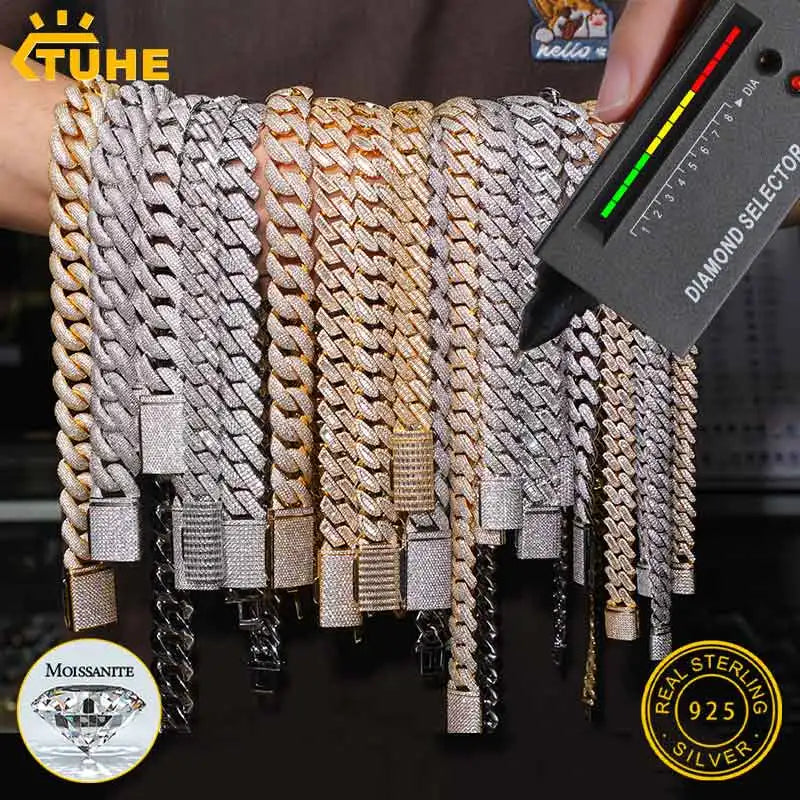 TUHE Unisex D Color Moissanite Cuban Chain Necklace S925 Silver High Quality 6MM-20MM Cuban Link Chain Men Hip Hop