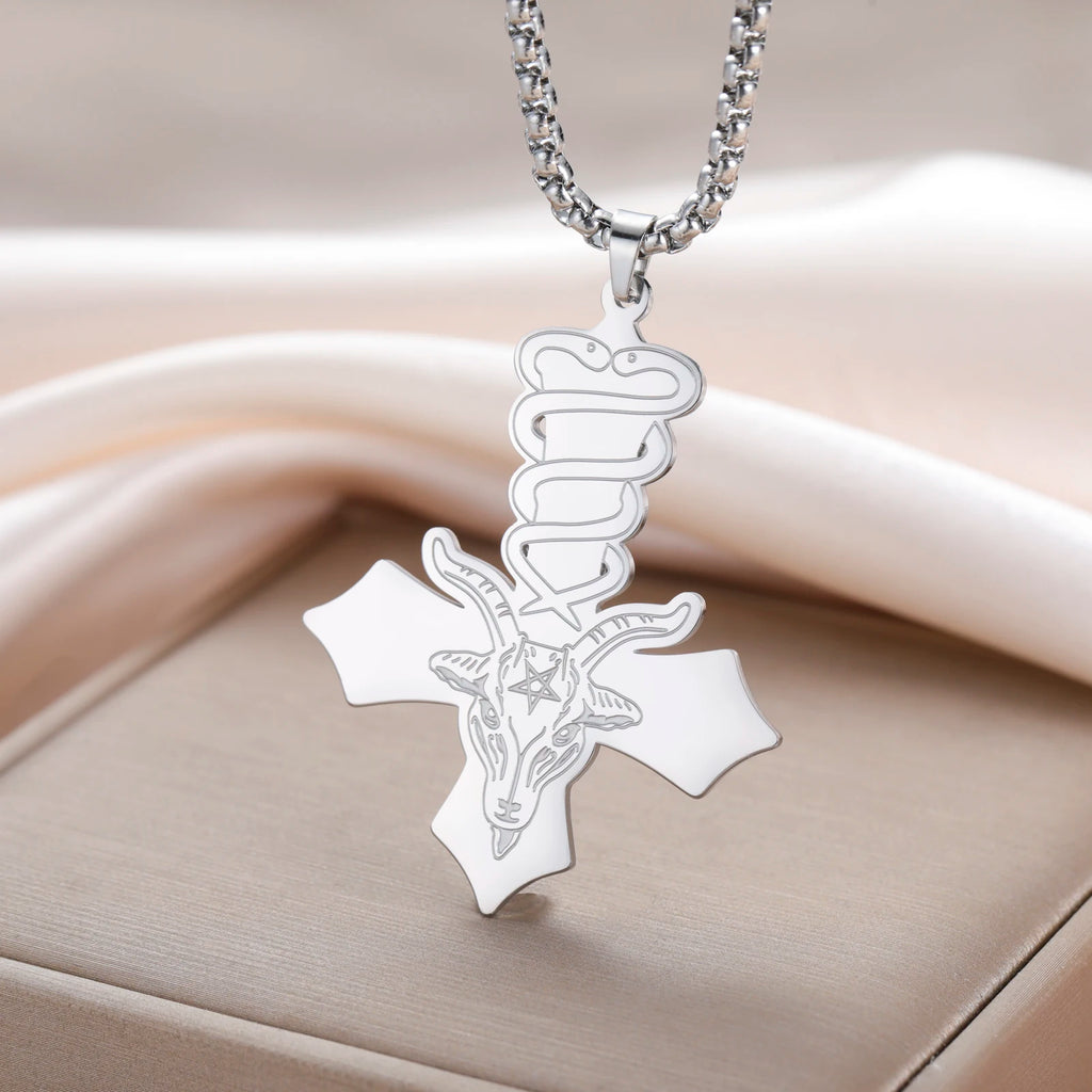 1pc Dark Occult Goat Head Pentagram Snake Baphomet Cross Necklace Mystical Symbol Pendant Jewelry
