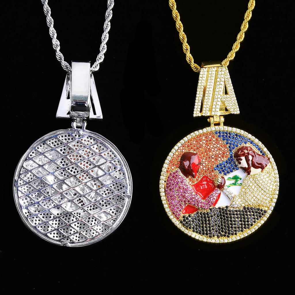 Aokaishen Iced Out Disc Wrist Wrestling Necklace Pendant for Men Real Gold Plated Cubic Zirconia Hip Hop Jewelry