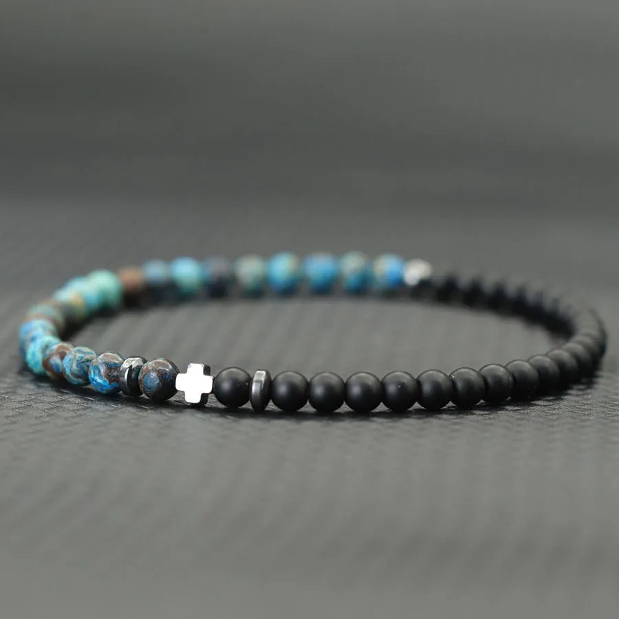 Bicolor Natural Stone 4mm Beaded Bracelet for Men — Elastic