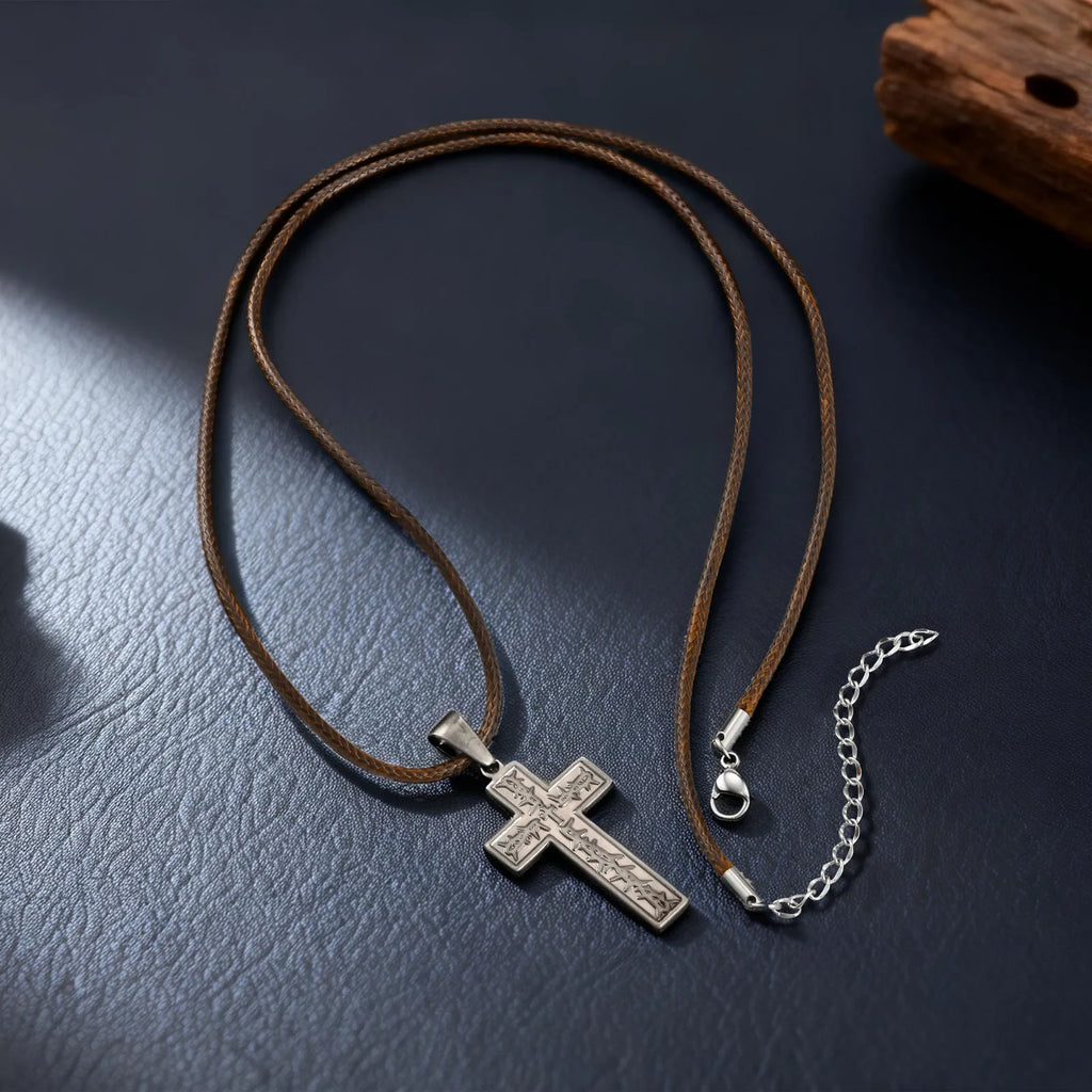 Vnox Men's Stainless Steel Thorn Crown Cross Pendant Necklace, Retro Brown Black Wax Rope Chain, Religious Jewelry