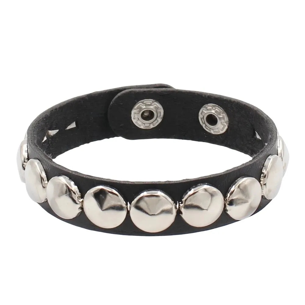 Gothic Round Rivet Leather Cuff Bracelet — Adjustable Bangle