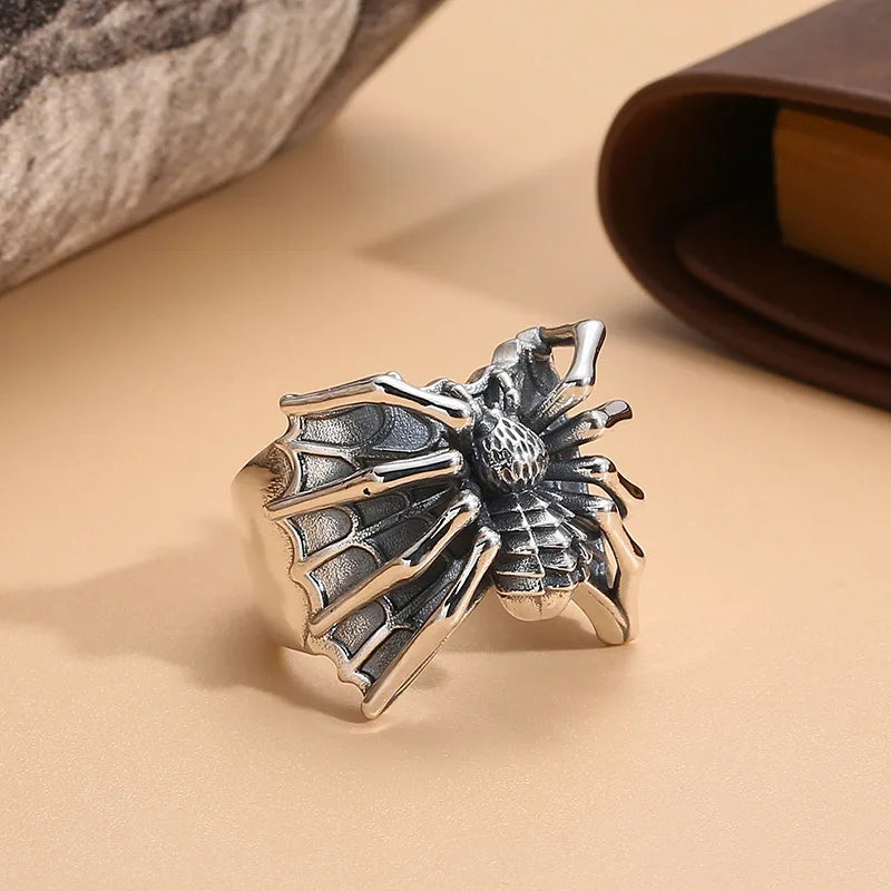 Gothic Spider Web Wide Open Ring Antique Silver — Zinc Alloy