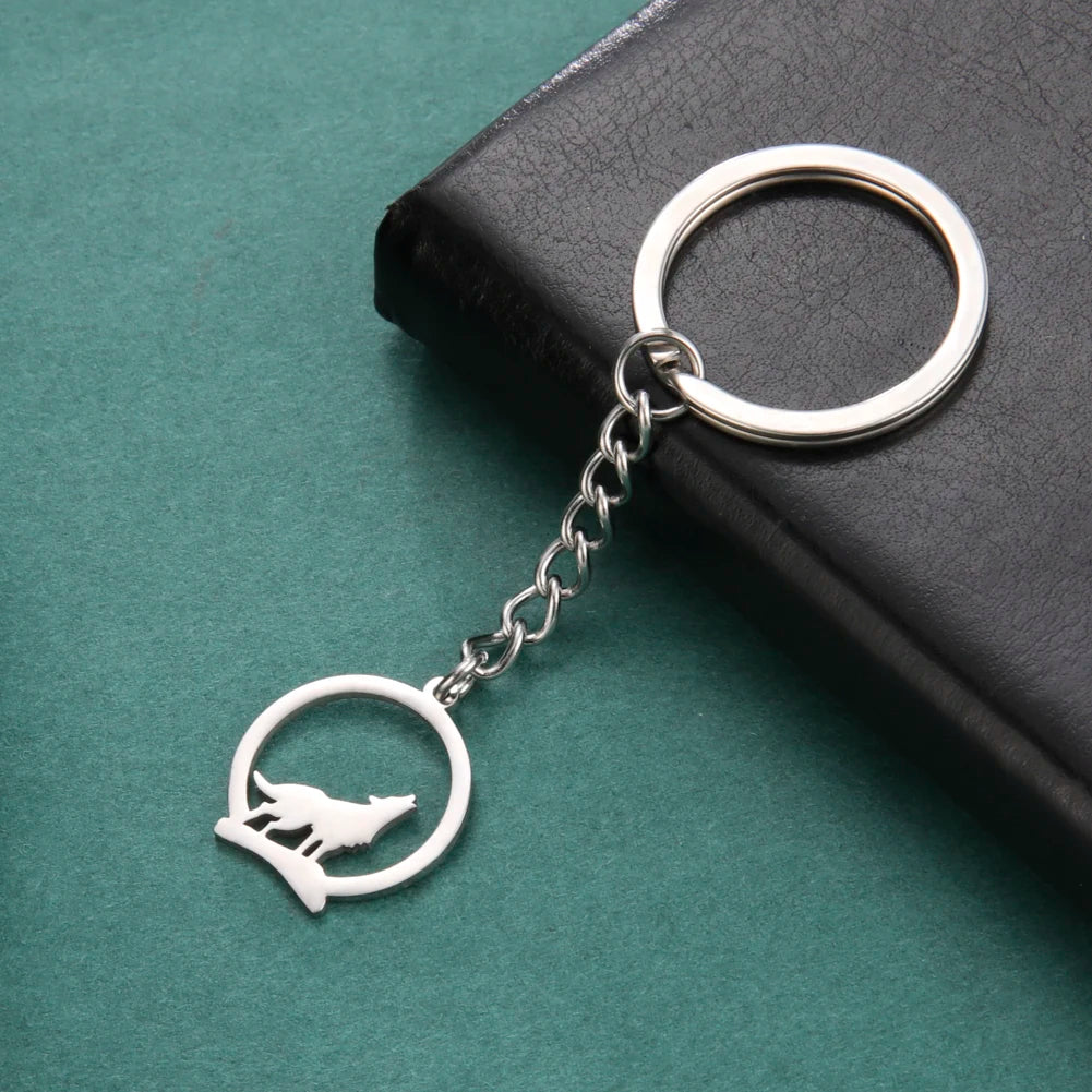 Round Wolf Pendant Keychain for Men — Stainless Steel