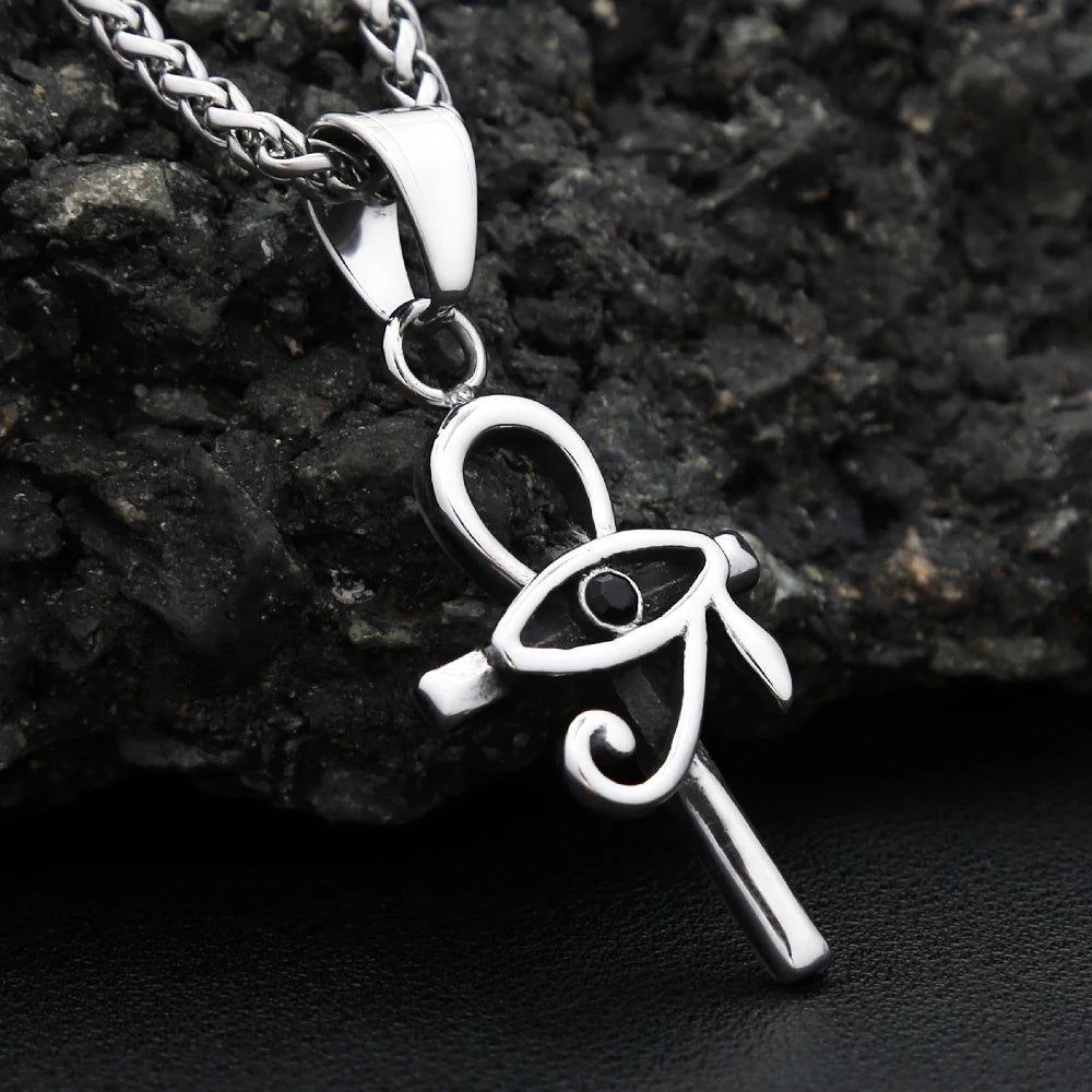 Vintage Stainless Steel Eye of Horus Pendant Necklace Fashion Punk Ankh Cross Necklaces For Men Women Amulet Jewelry
