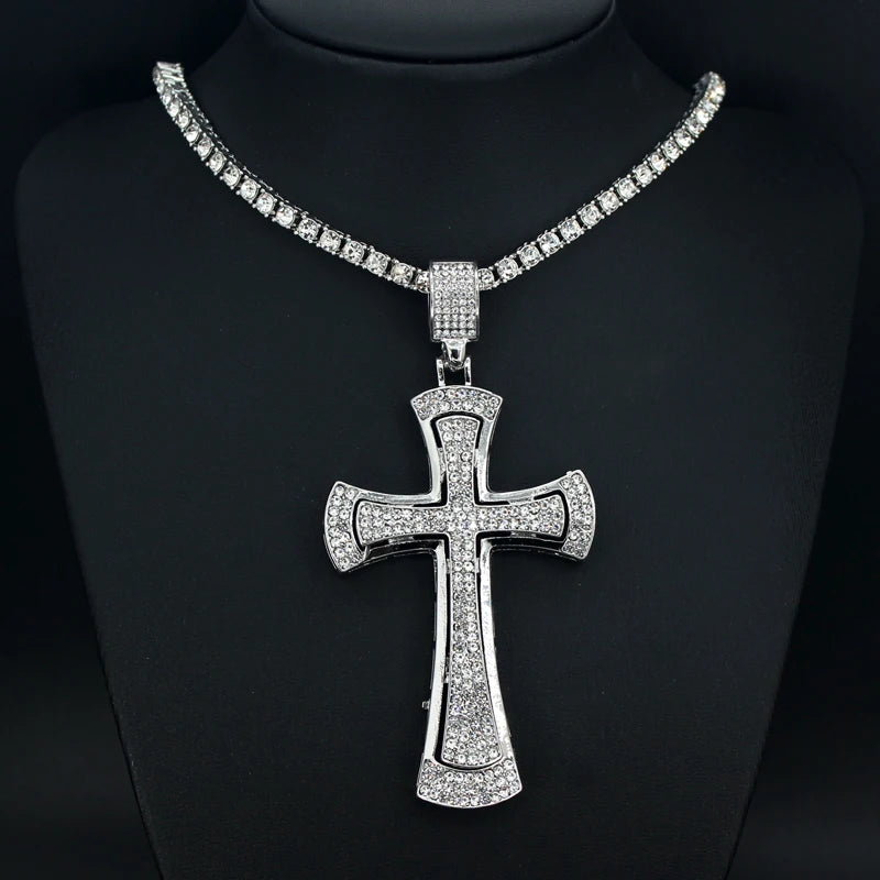 Men Women Hip Hop Large Rhinestone Cross Pendant Necklace With 4mm Tennis Chain Iced Out HipHop Necklaces Jewelry Fashion Gift