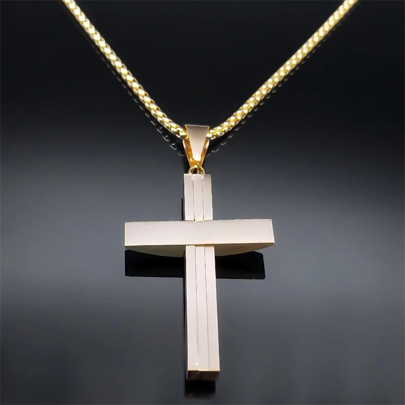 Male Punk Cross Pendant Necklace for Women Men Stainless Steel Gold Color Jesus Chain Biker Boyfriend Gift Jewelry