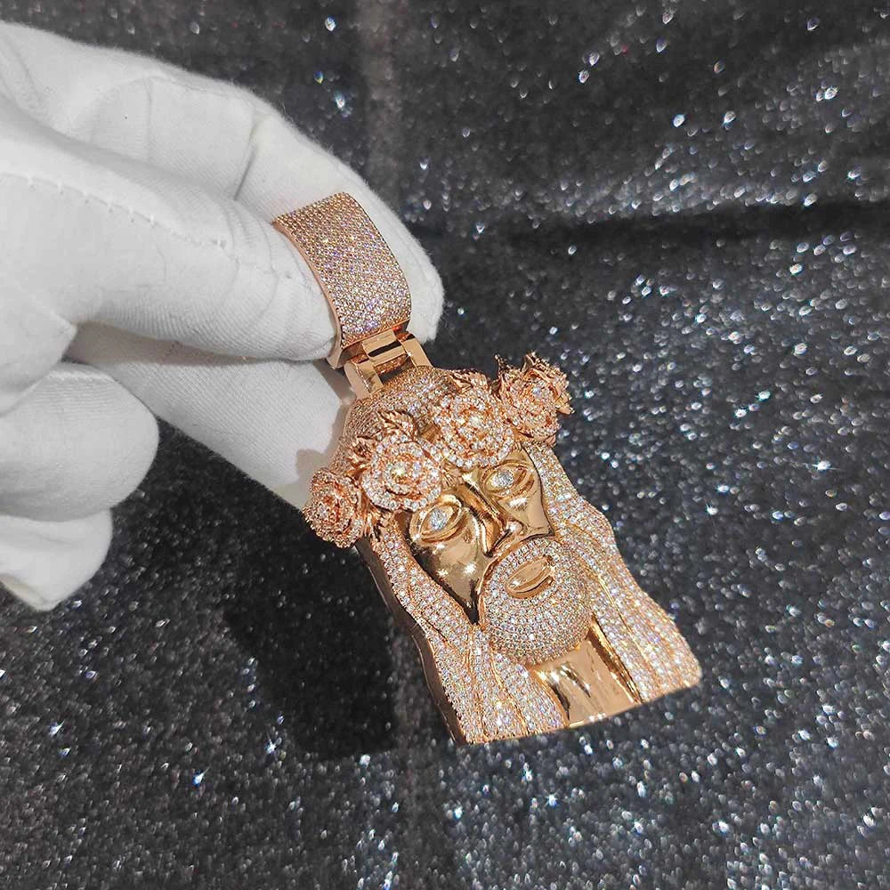 Rose Gold Jesus Cuban Pendant Necklace Iced Out