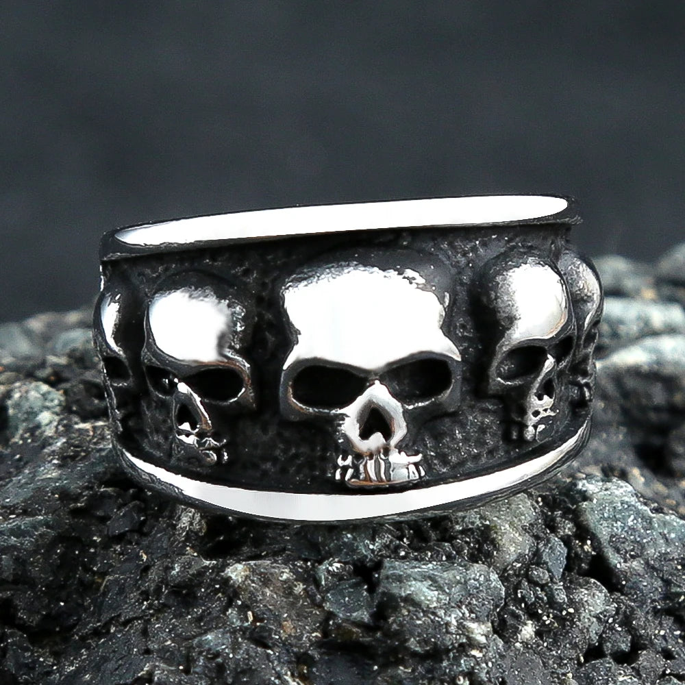 Vintage Gothic 316L Stainless Steel Biker Skull Ring For Men Cool Design Round Punk Skull Rings Fashion Jewelry Gift