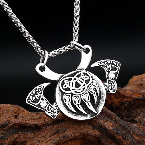 Celtic Knot Bear Paw Twin Axe Stainless Steel Necklace