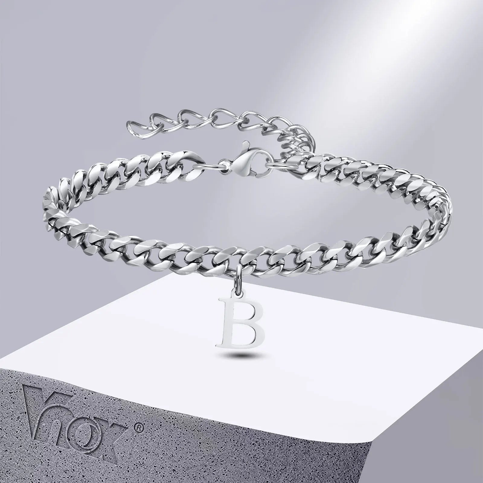 Vnox A-Z Initial Bracelets for Men Women, Never Fade Silver Color Stainless Steel Cuban Chain Bracelet with 26 Letter