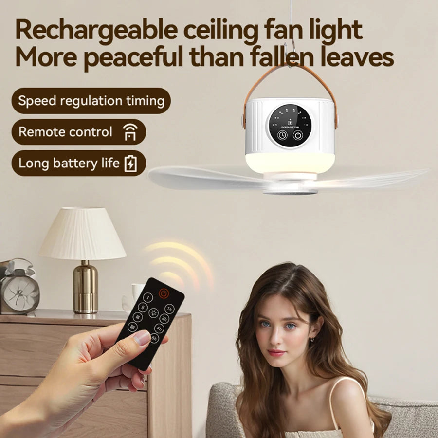 Portable Ceiling Fan, 4 Speeds, LED Display, 3-Level Night Light, 1-8H Timer, 3600mAh, Remote Control, Quiet USB Fan