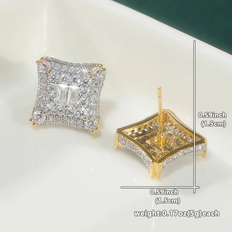 Fashion Hip Hop Inlaid Synthetic Zirconia Square Stud Earrings for Men Women Party Daily Versatile Jewelry Crafts