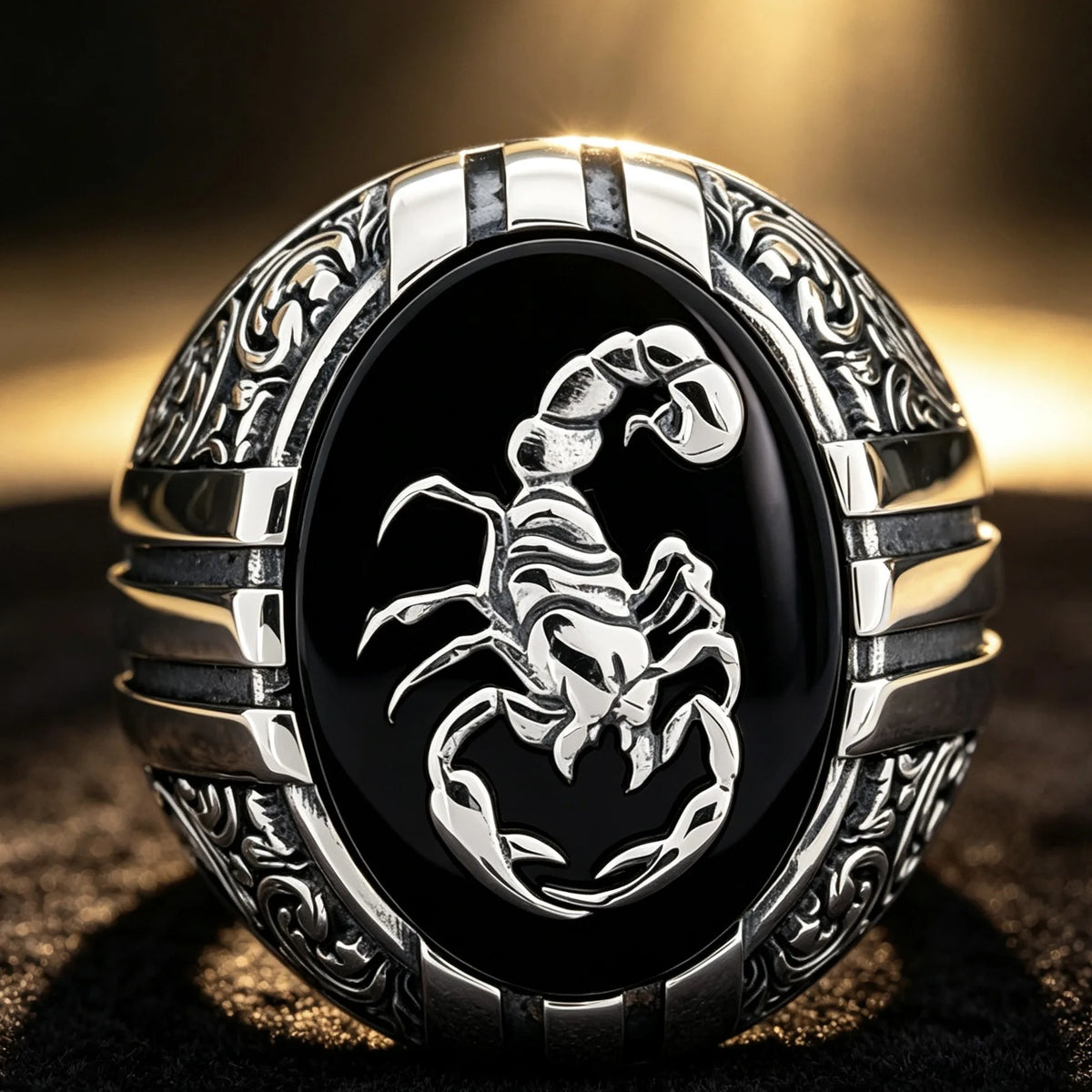 Vintage Scorpion Signet Ring for Men, Carved Black Onyx Inlay Punk Gothic Finger Ring, Scorpio Zodiac Statement Jewelry