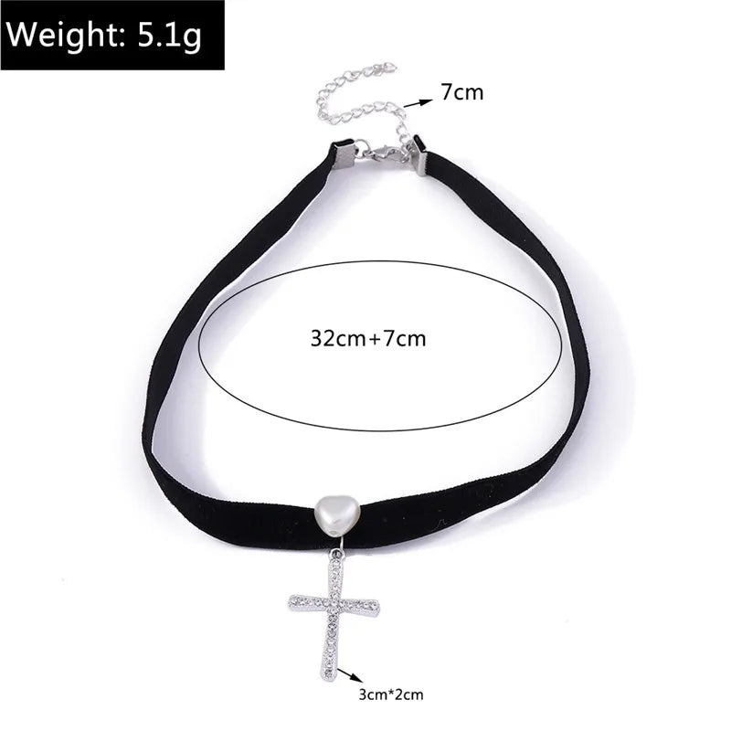 Aihua Gothic Crystsal Cross Pendant Black Velvet Necklace for Women Elegant Pearl Heart Choker Necklace Statement Jewelry