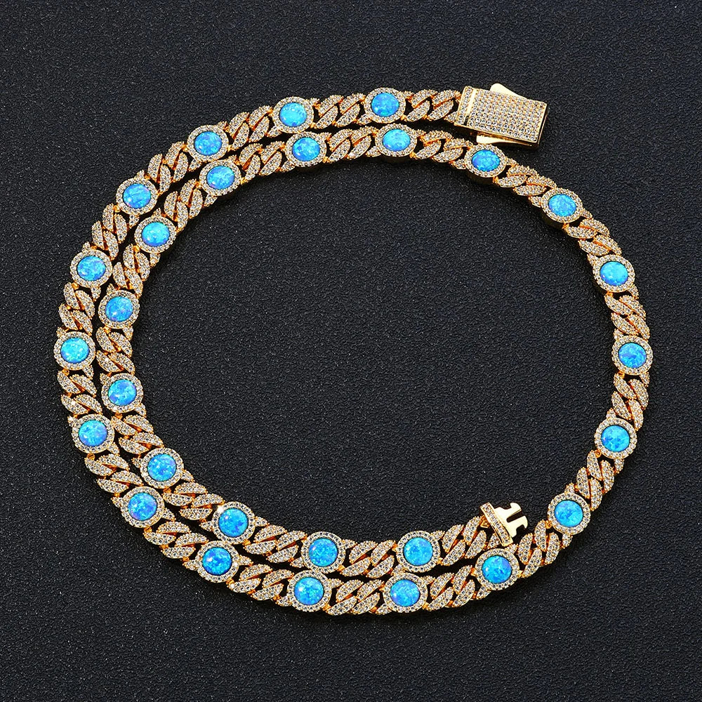 Cuban Iced Out Gold Necklace Blue Opal CZ