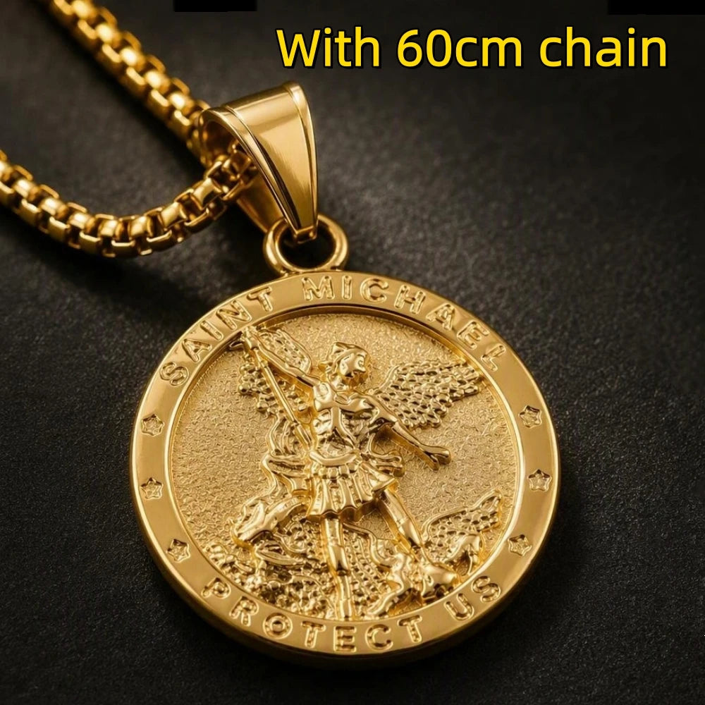 St. Michael Embossed Round Pendant Necklace — Stainless Steel