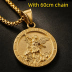 316L Stainless Steel Gold color St. Michael Embossed Round Pendant Necklace Hypoallergenic Tarnish Resistant Street Jewelry