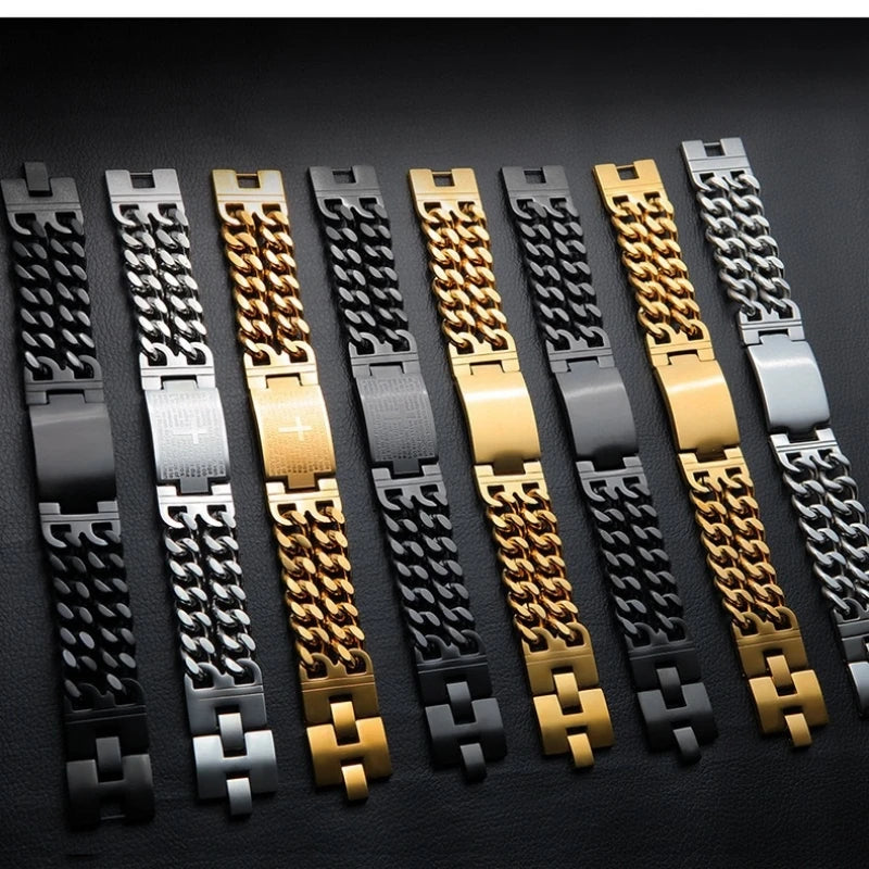 HNSP 24MM Width 316L Stainless Steel Cuban Chain Cross Bracelet For Men Jewelry Male Hand Chain Wrap Bracelets Punk